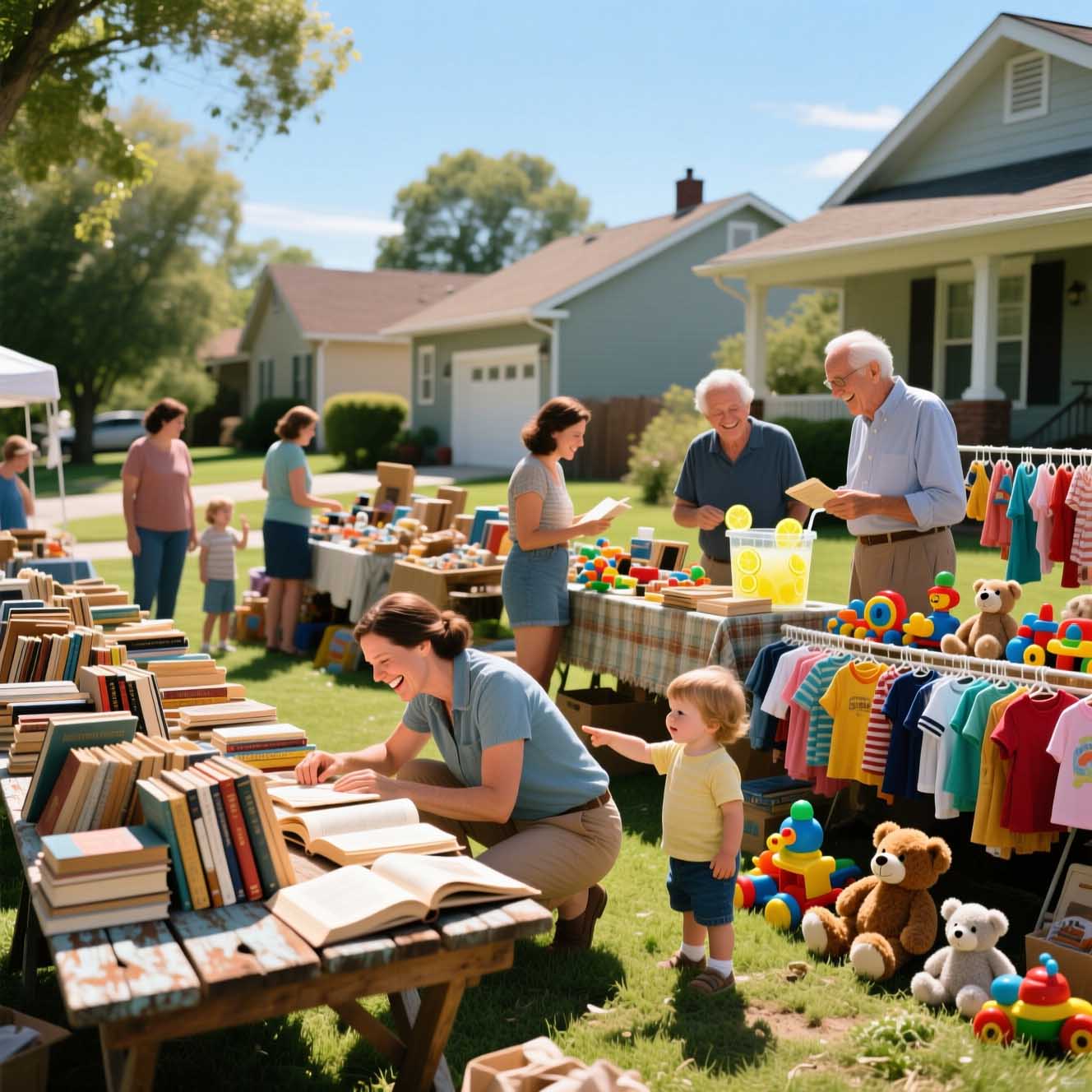 Best days and times to host a yard sale, family browsing books and toys on a sunny Saturday morning