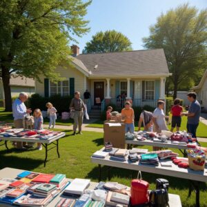 Community yard sale on a sunny morning, families shopping and children playing outside